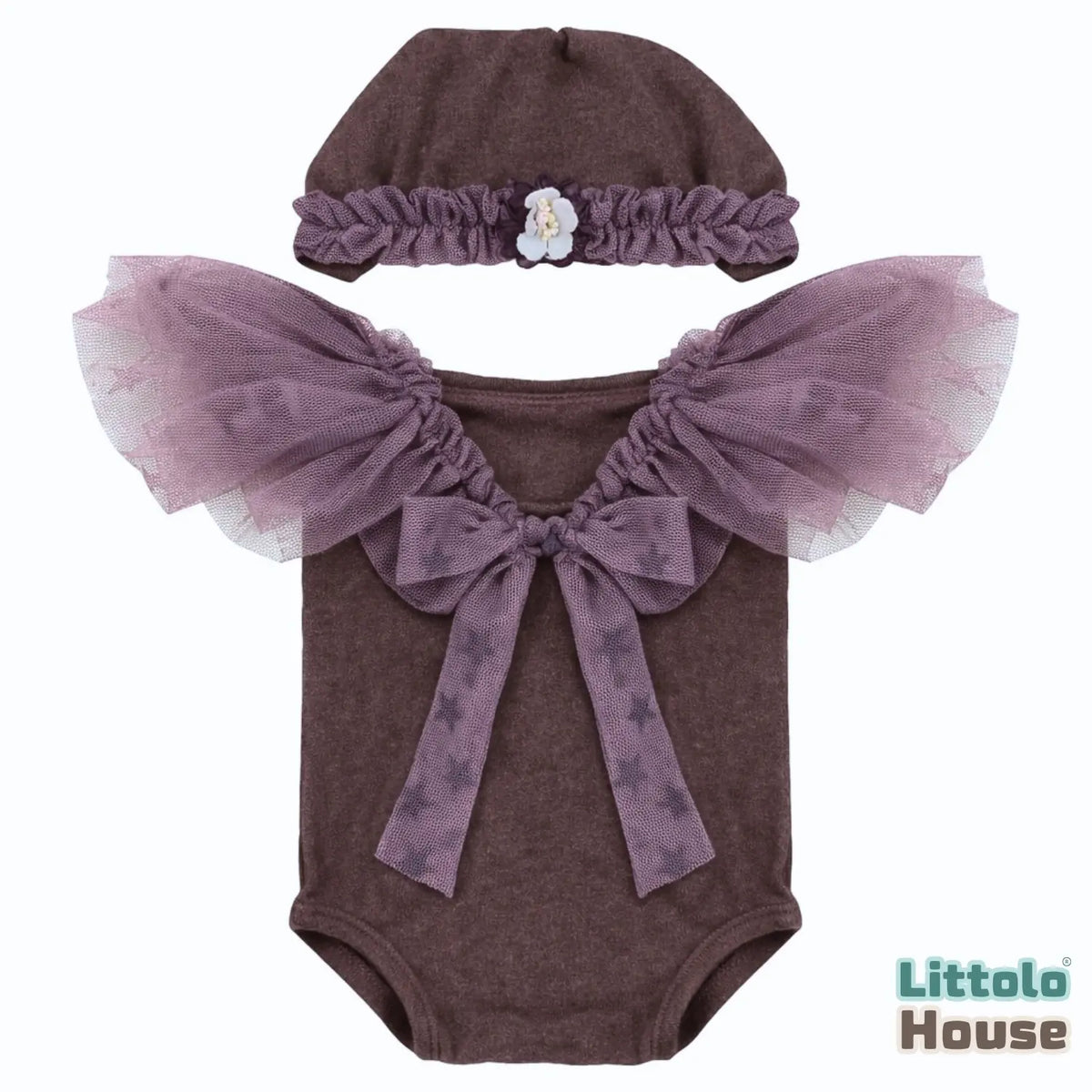Baby Girl Romper Dress and Bonnet SR008 | Set of 2 | NB | Brown