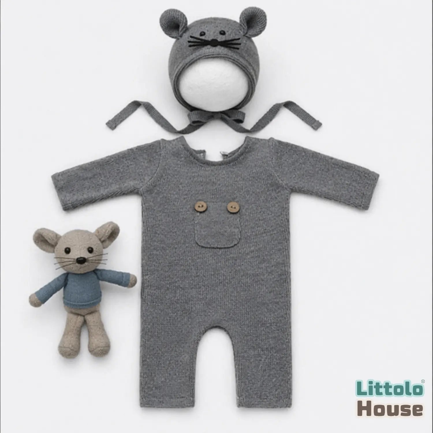 Baby Romper with Bonnet and Teddy SR020 | Set of 3 | 2M | Grey