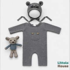 Baby Romper with Bonnet and Teddy SR020 | Set of 3 | 2M | Grey