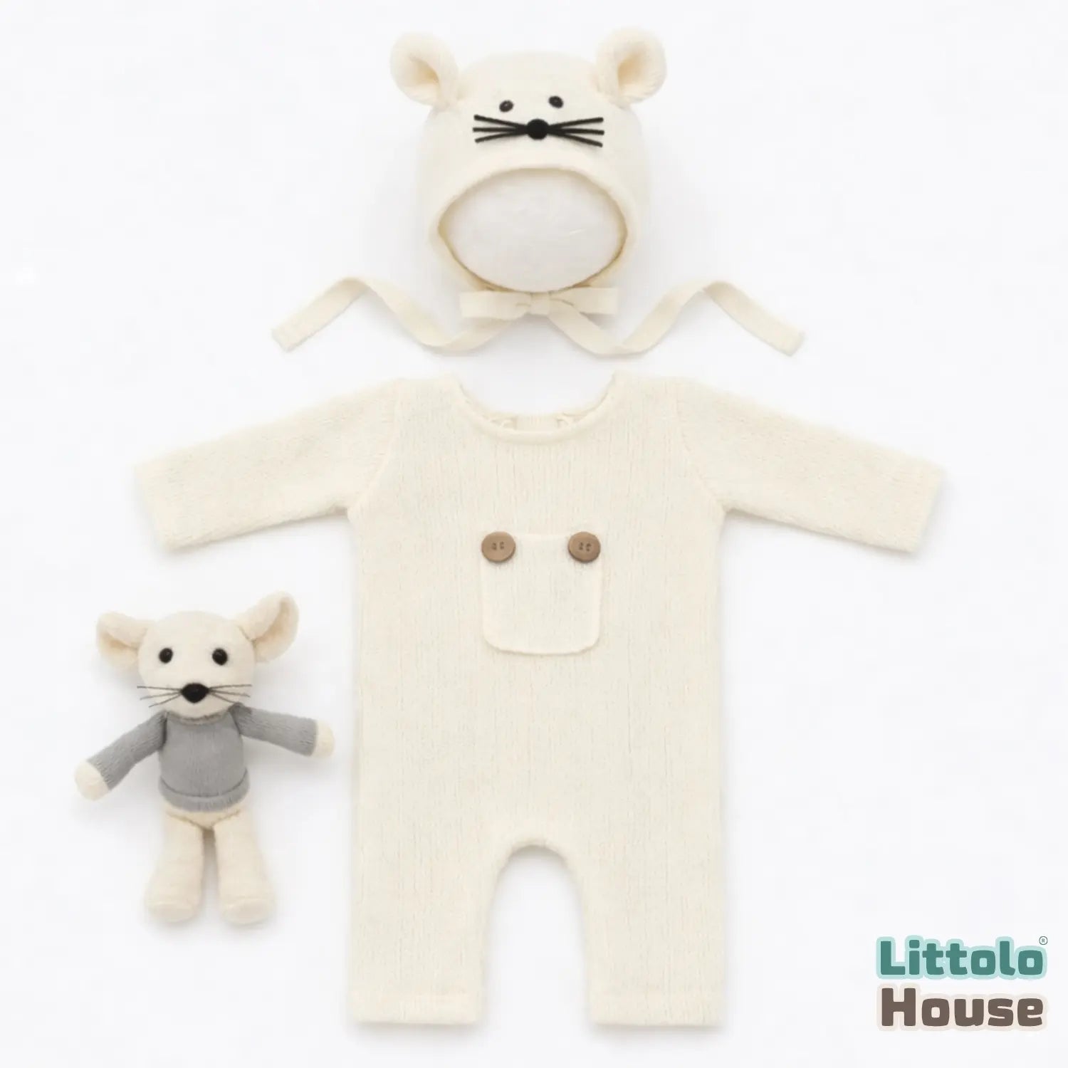 Baby Romper with Bonnet and Teddy SR020 | Set of 3 | 2M | Light Cream