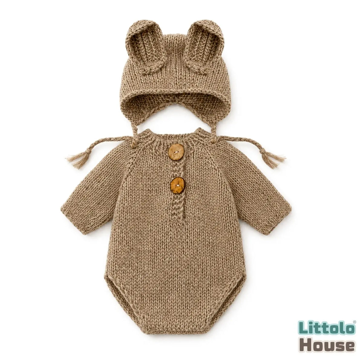Baby Crochet Romper with half Sleeves and Bonnet with Ears SR071 | Set of 2 | NB | Brown