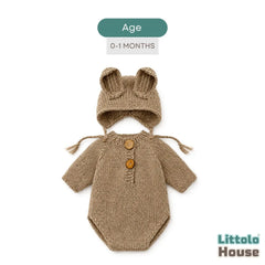 Baby Crochet Romper with half Sleeves and Bonnet with Ears SR071 | Set of 2 | NB | Brown