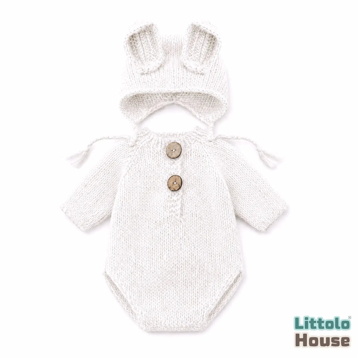 Baby Crochet Romper with half Sleeves and Bonnet with Ears SR071 | Set of 2 | NB | White