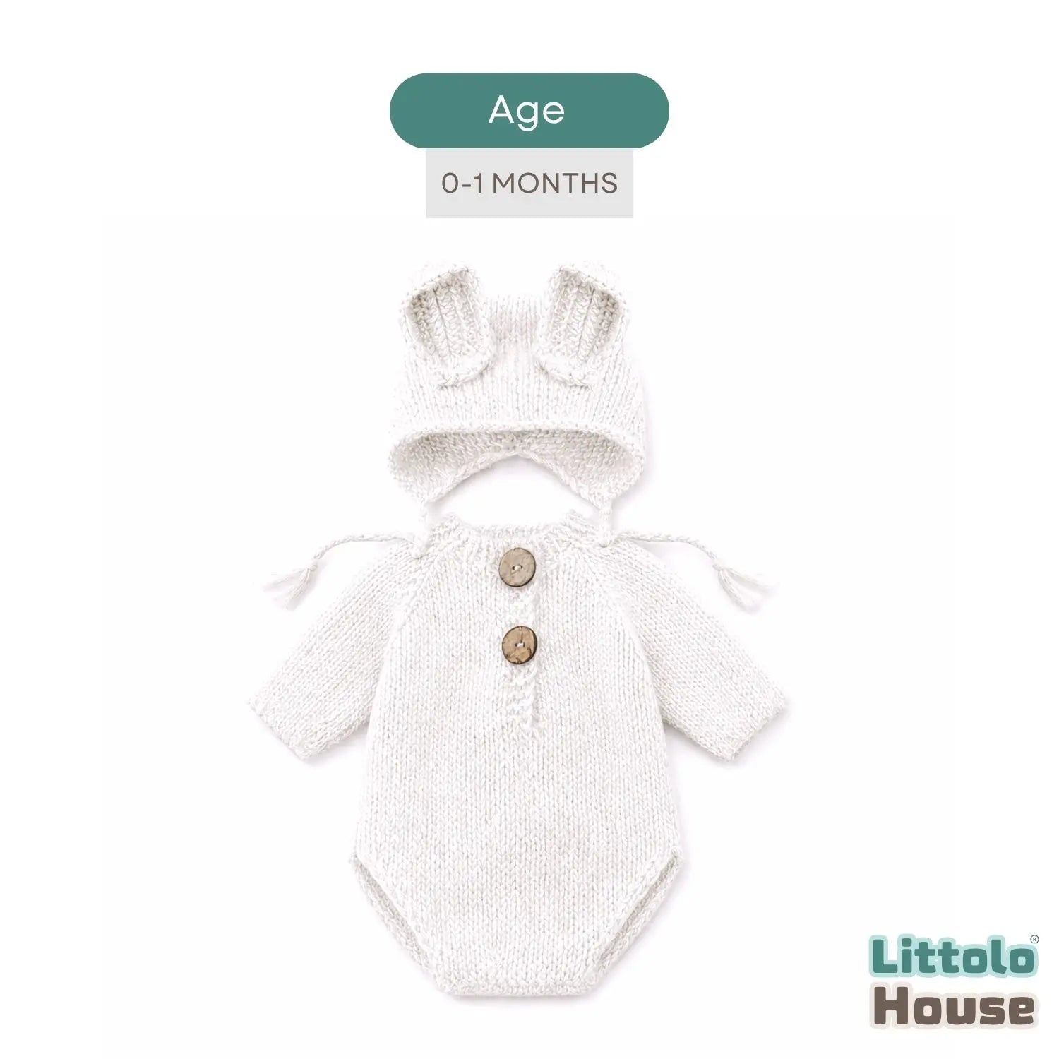 Baby Crochet Romper with half Sleeves and Bonnet with Ears SR071 | Set of 2 | NB | White