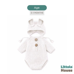 Baby Crochet Romper with half Sleeves and Bonnet with Ears SR071 | Set of 2 | NB | White