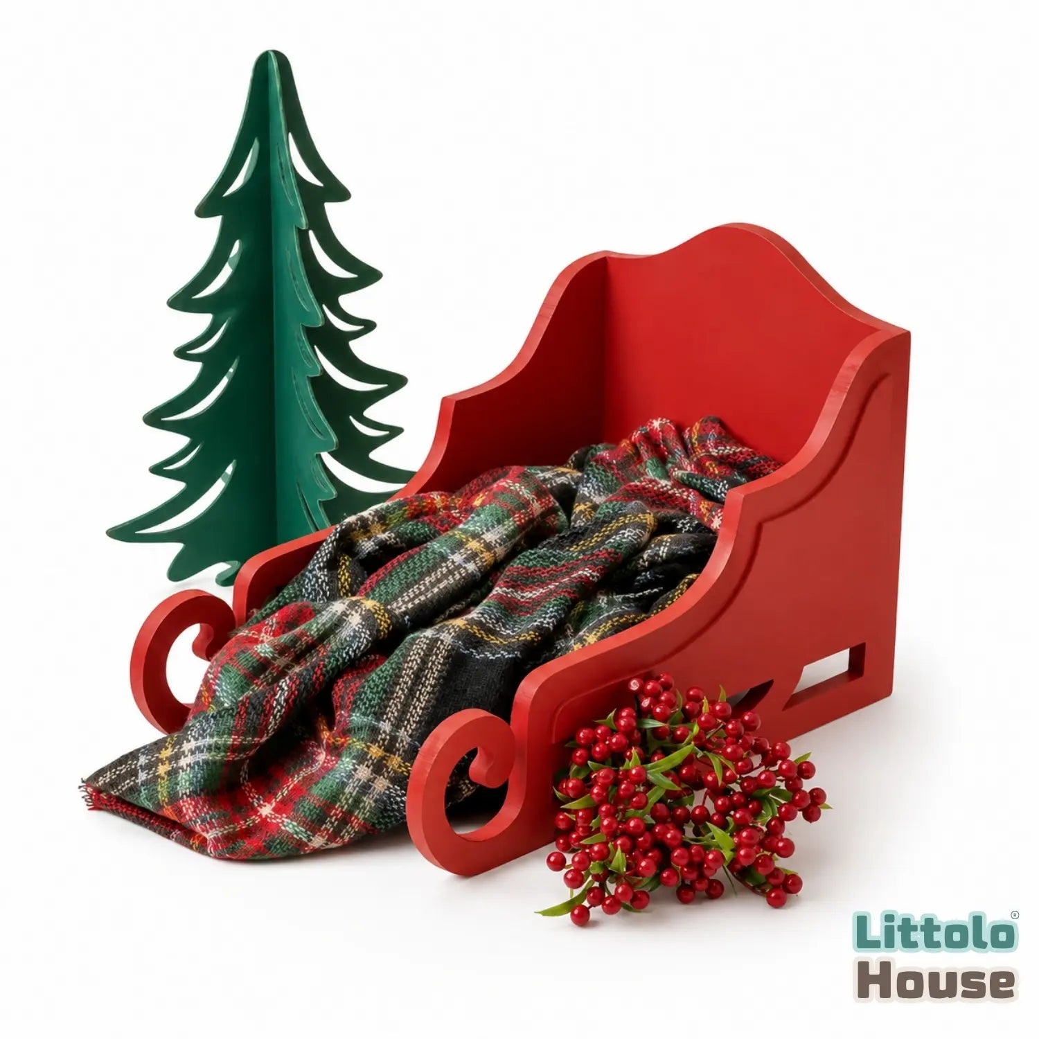 Santa Claus Reindeer Christmas Sleigh W055 | Wooden Decorative | Red