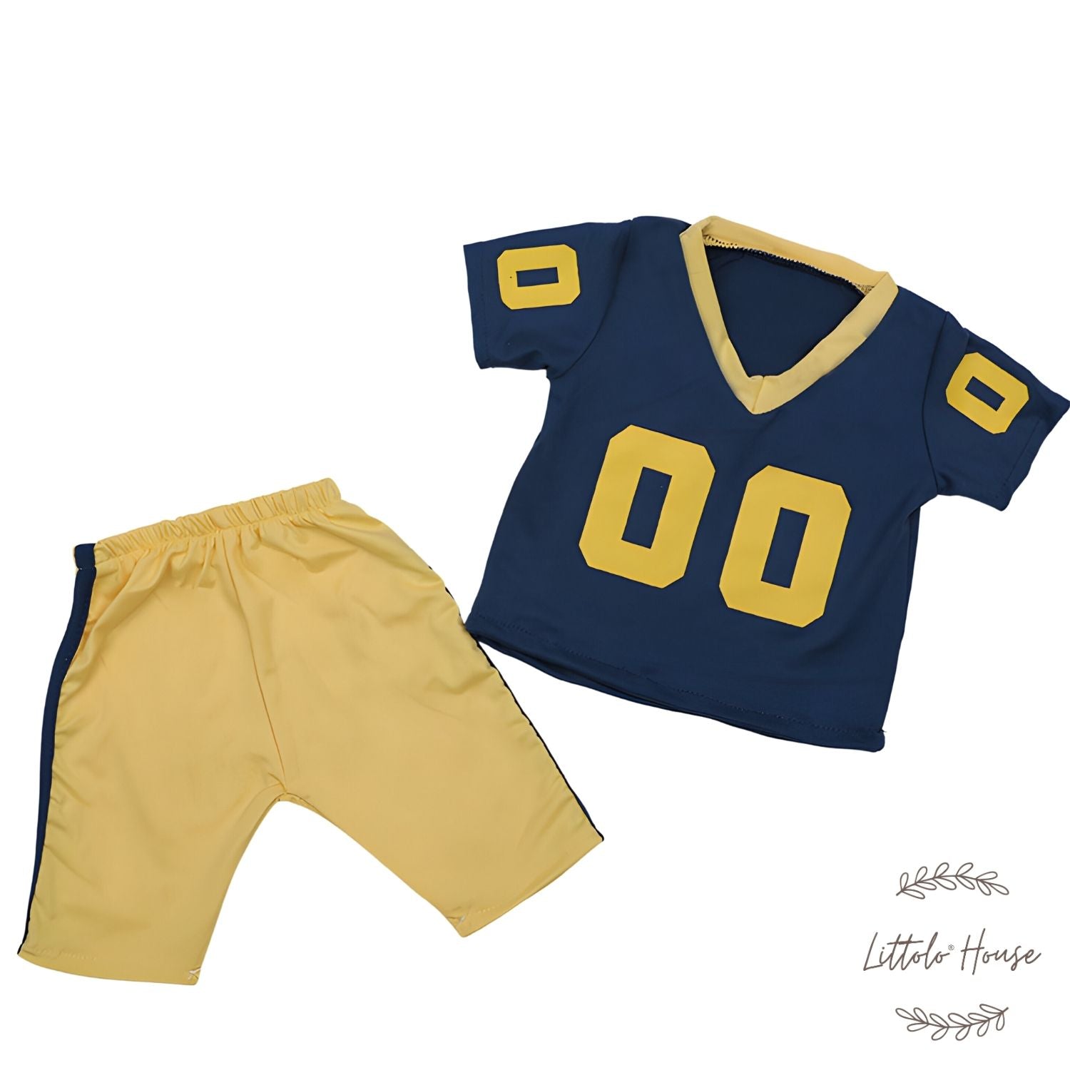 Baby Boy Sports Jersey & Shorts with Bonnet with Rugby Ball O115 | 2M | Blue Yellow