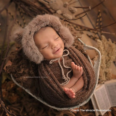 Baby Crochet Mohair Bonnet with Wrap and Teddy SR025 | Set of 3 | 3M | Dark Coffee