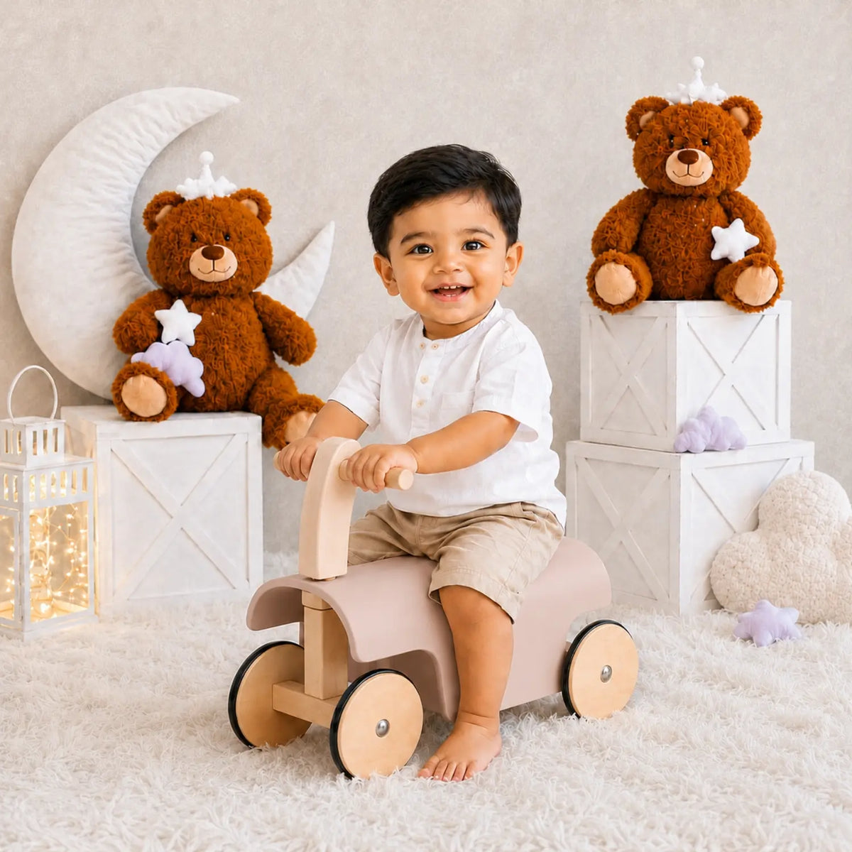 Toddler Ride-On Scooter Prop | Wooden Decorative | Beige