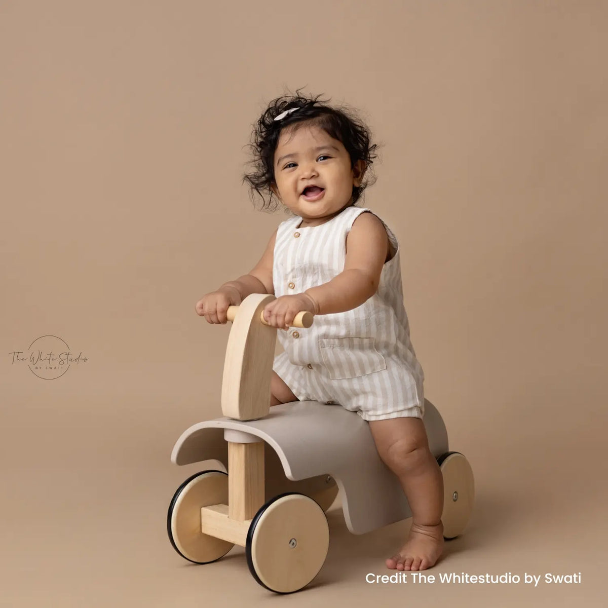 Toddler Ride-On Scooter Prop | Wooden Decorative | Beige