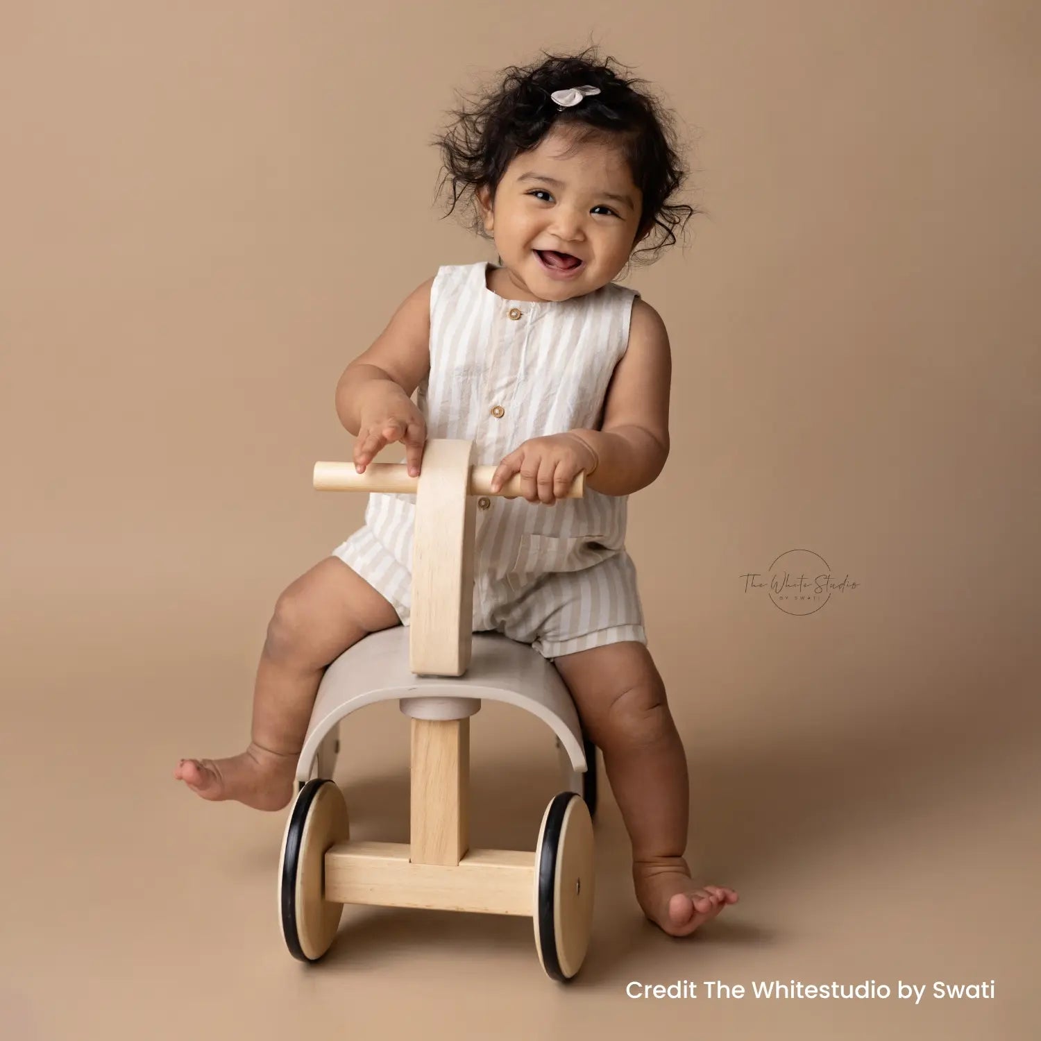 Toddler Ride-On Scooter Prop | Wooden Decorative | Beige