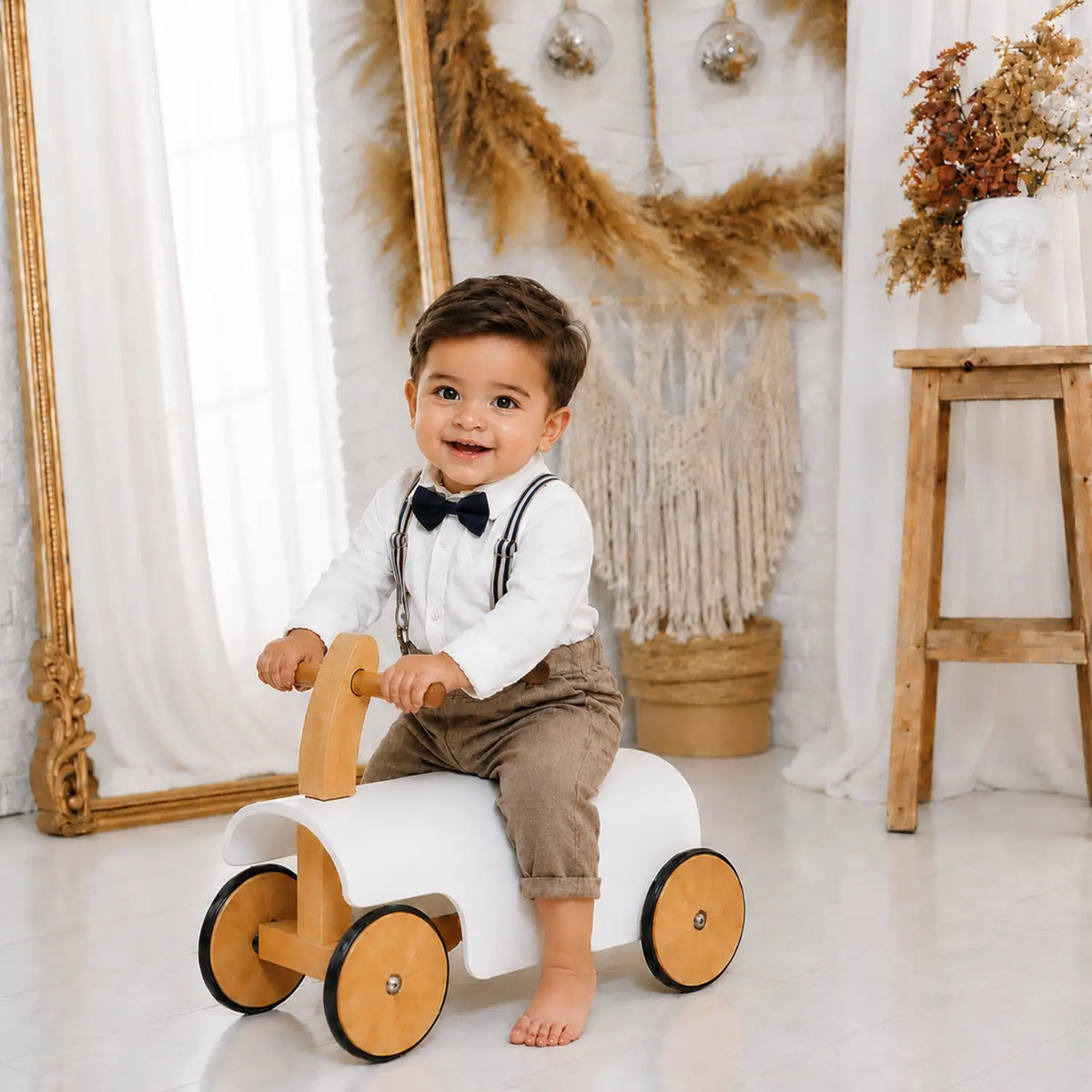 Toddler Ride-On Scooter Prop | Wooden Decorative | White