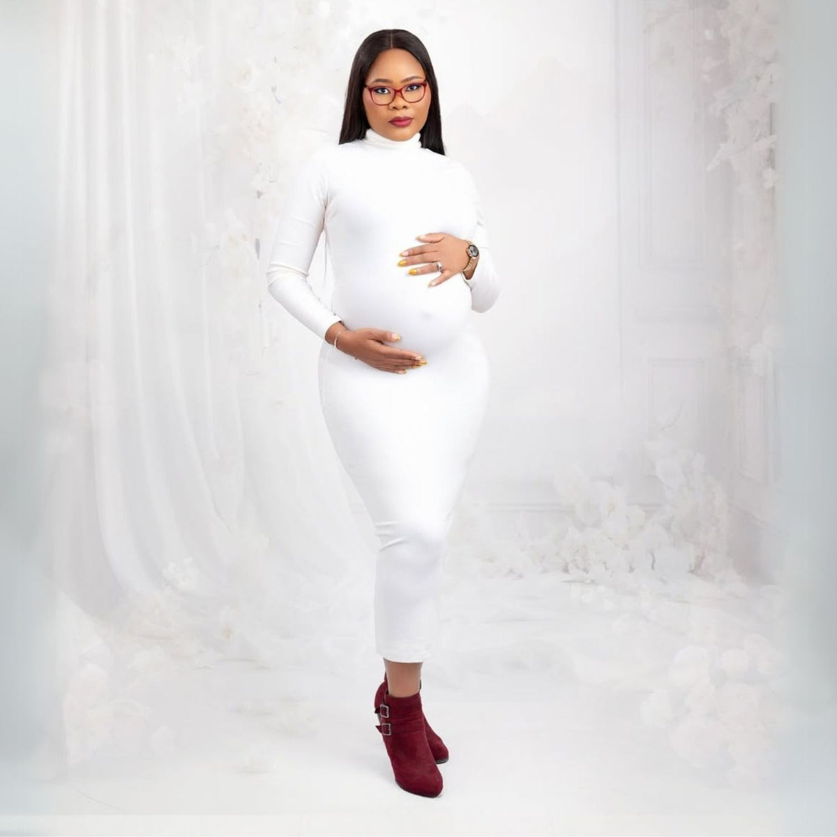 Turtle Neck Full Sleeves Maternity Gown M051 | L | White