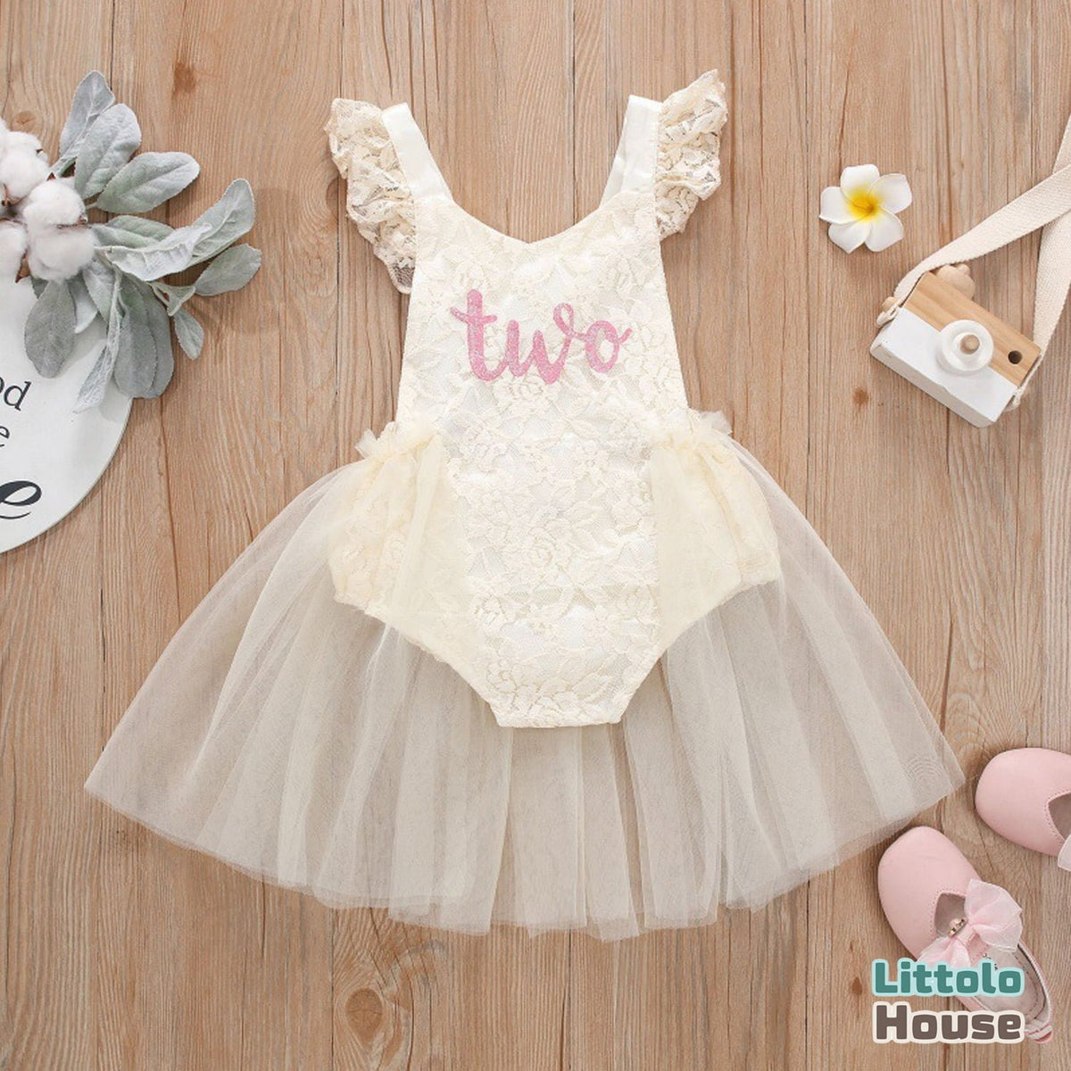 Baby Romper Lace Mesh Skirt with Airplane Sleeves Outfit O022 | 2Y | Beige