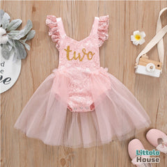 Baby Romper Lace Mesh Skirt with Airplane Sleeves Outfit O022 | 2Y | Pink