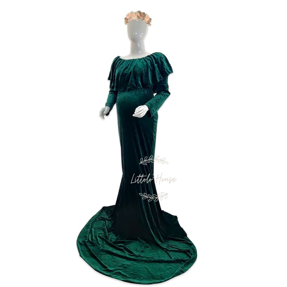 Velvet Mermaid Maxi Dress M025 Maternity Gown | L | Bottle Green