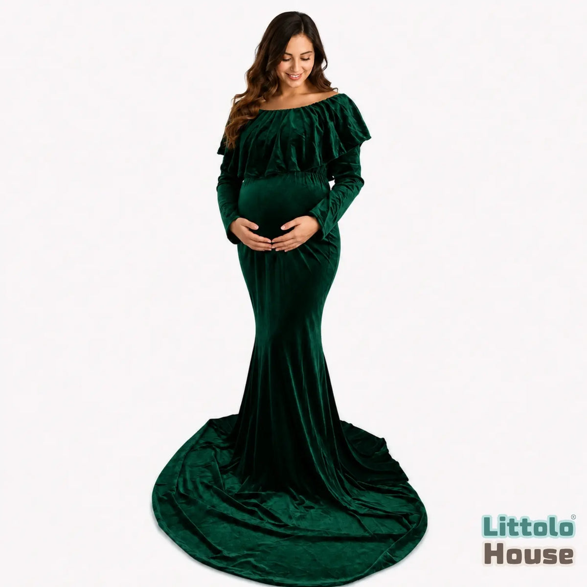 Velvet Mermaid Maxi Dress M025 Maternity Gown | L | Bottle Green