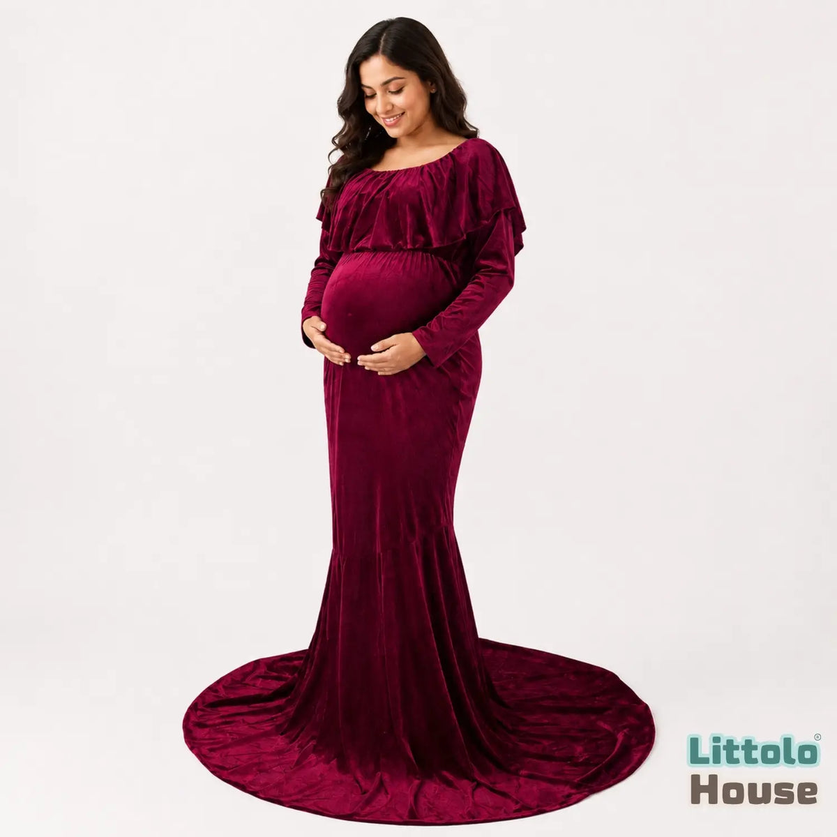 Velvet Mermaid Maxi Dress M025 Maternity Gown | L | Burgundy
