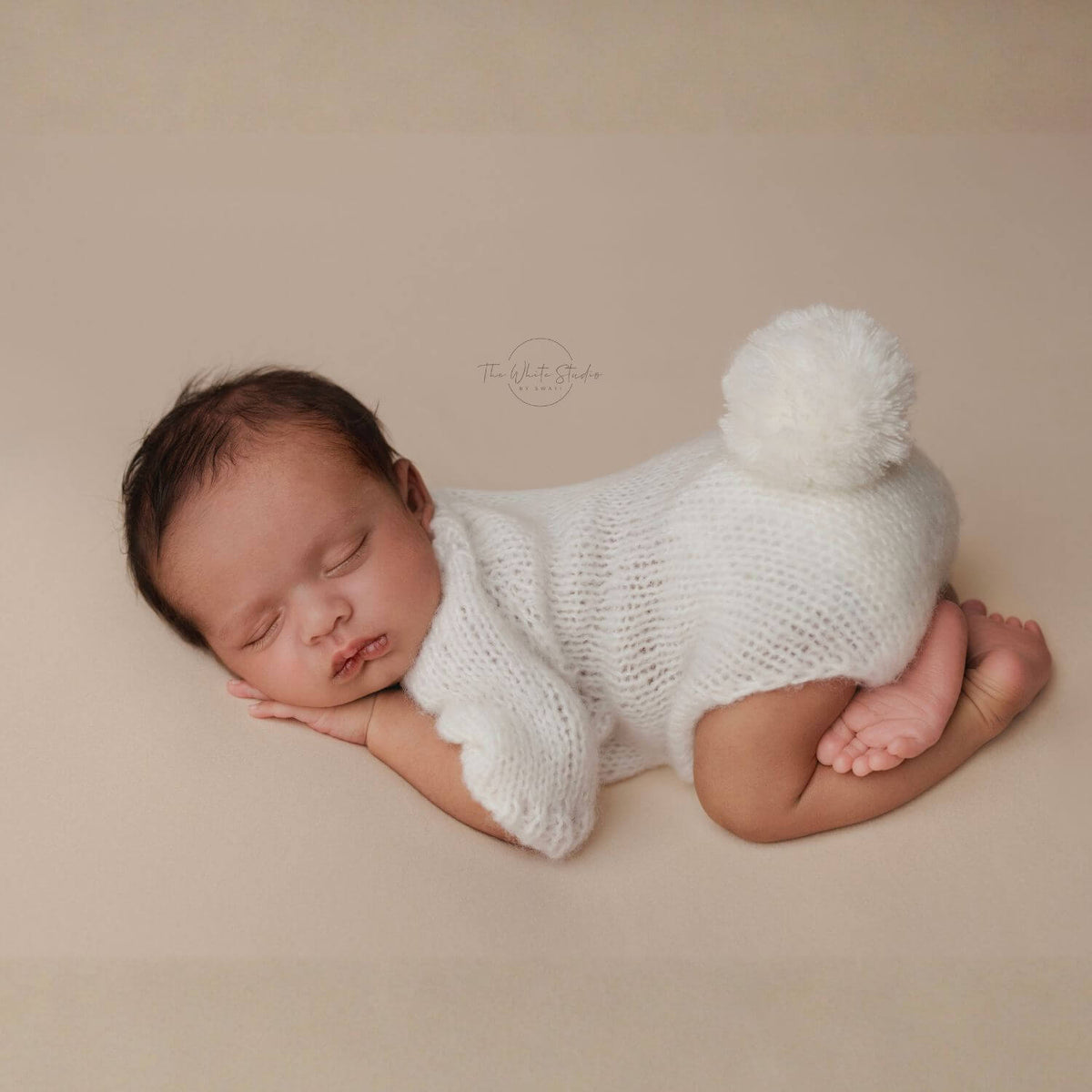 Baby Crochet Romper with half Sleeves and Bonnet with Ears SR071 | Set of 2 | NB | White