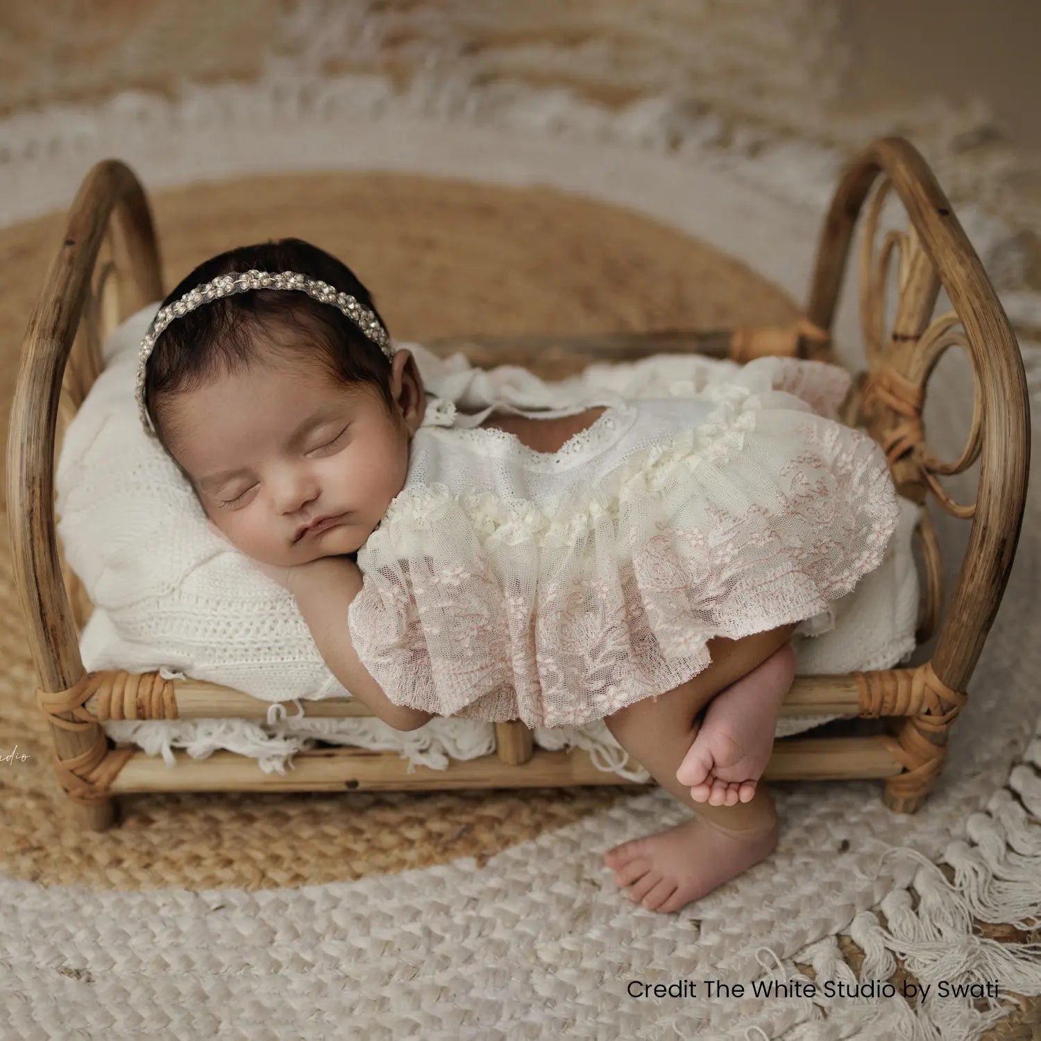Baby Girl Lace Romper with Bonnet SR006 | Set of 2 | NB | White Peach
