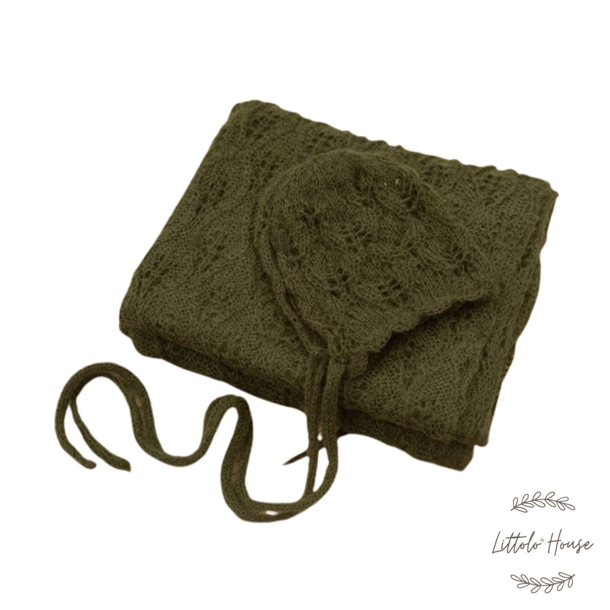 Wool Knitted Wrap with Knitted Bonnet SR054 | NB | Mehndi Green