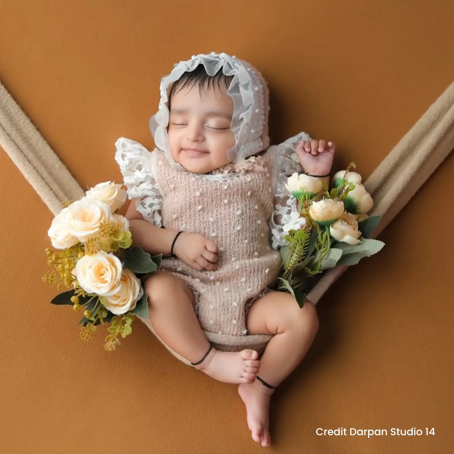 Baby Girl Romper Dress and Bonnet SR008 | Set of 2 | NB | Caramel