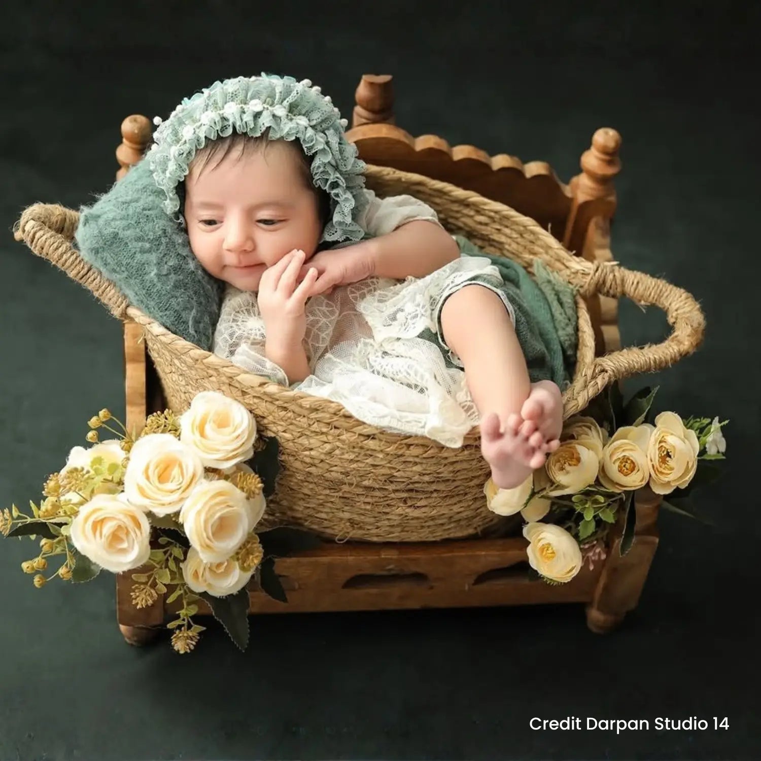 Baby Girl Knit Lace Frock with Lace Bonnet SR004 | Set of 2 | NB | Green