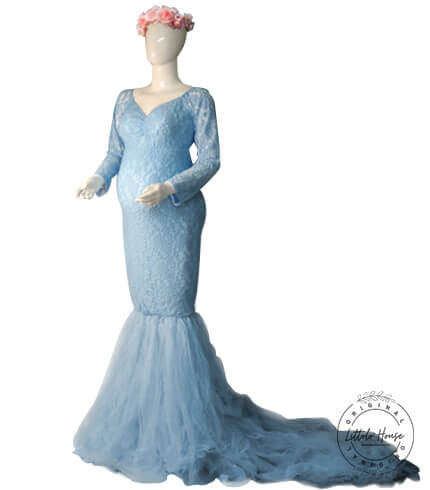 Long Lace Sleeves Maxi Dress M020 Maternity Gown | Sky