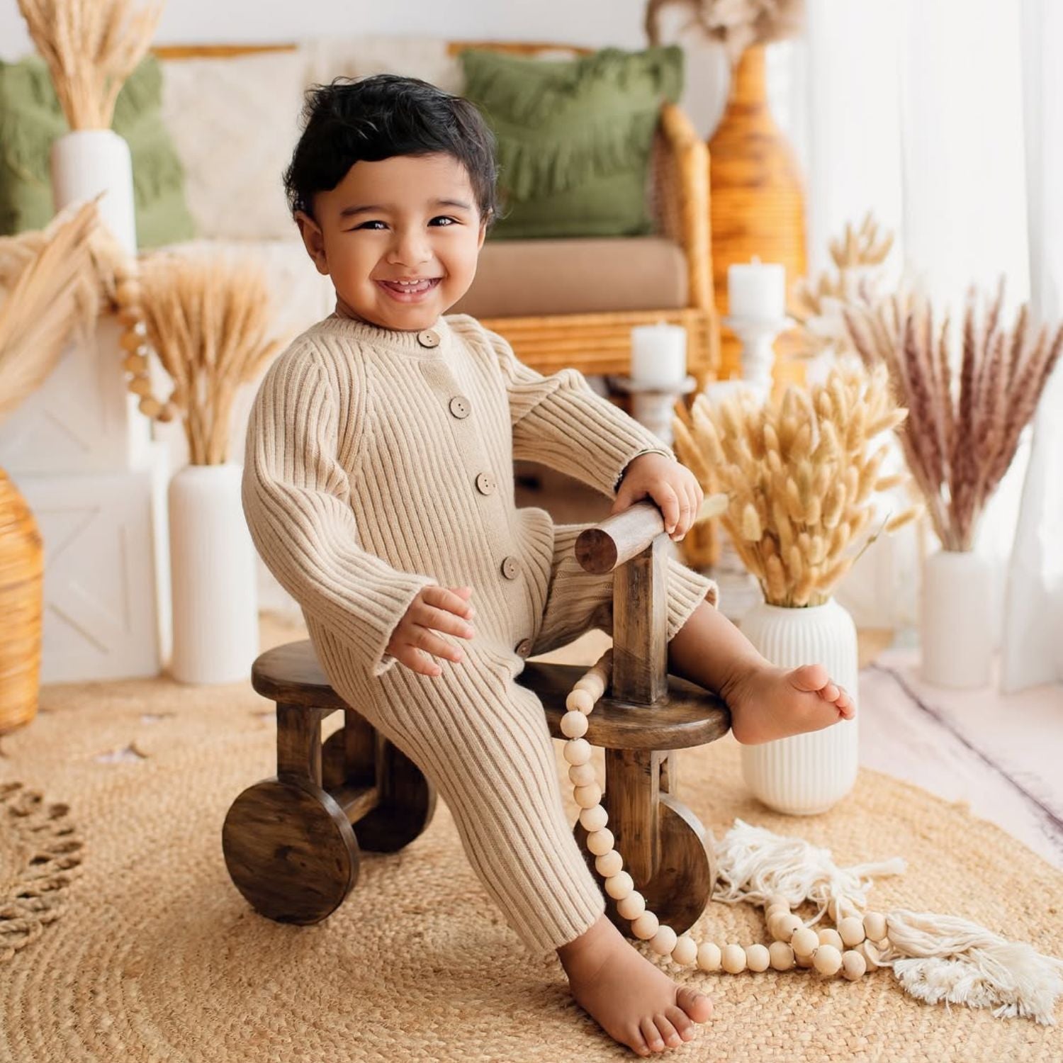 Baby Woolen Ribbed Romper O031 | Beige
