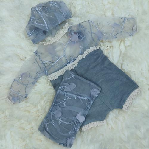 Baby Girl Soft Lace Posing Aid, Lace Bonnet with Dress Outfit S016 | Set of 3 | 3M | Grey