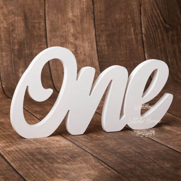 Cursive ONE Sign for First Birthday C1 Wooden Toy White