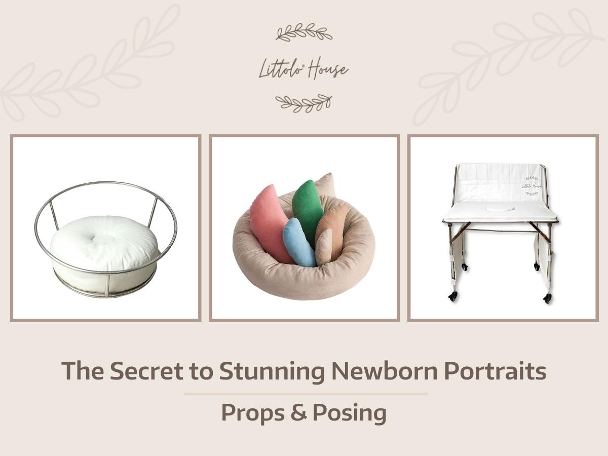 A heartwarming newborn portrait surrounded by soft blankets and adorned with delicate props, showcasing the secret to stunning newborn portraits - Posing and Props.