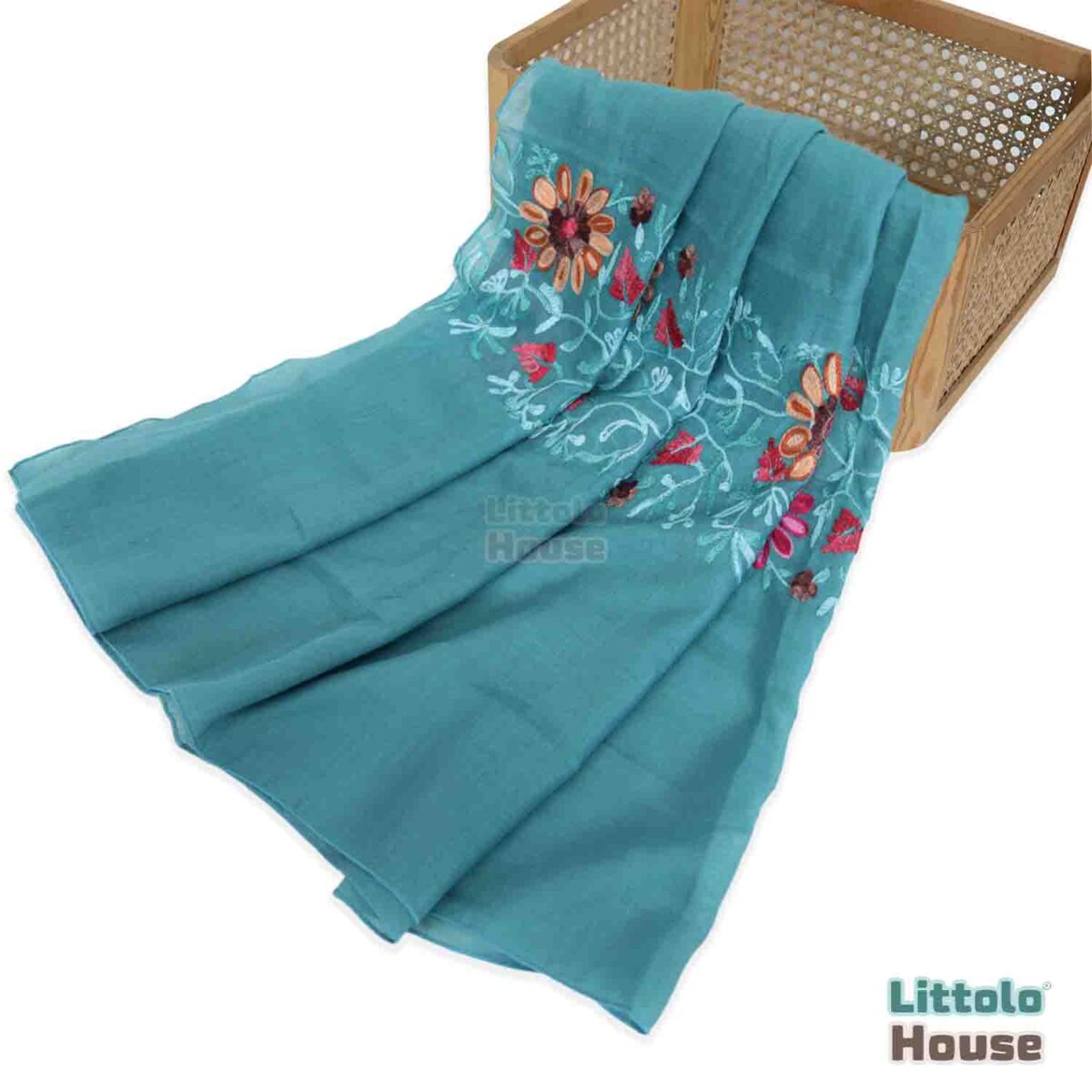 Retro Embroidery Dual-Use Wrap cum Layer Cotton Wrap W | Turquoise